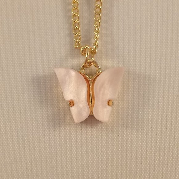 Gold Plated Pink Opal Resin Butterfly Earrings Pendant Necklace Set 18" Gift - Picture 4 of 5